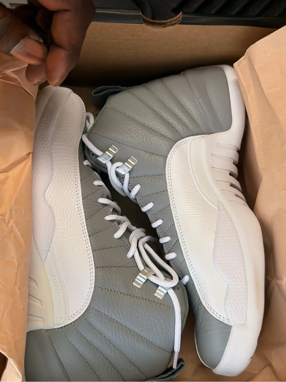 Men's Grey and White Jordan 12 Basketball Sneakers